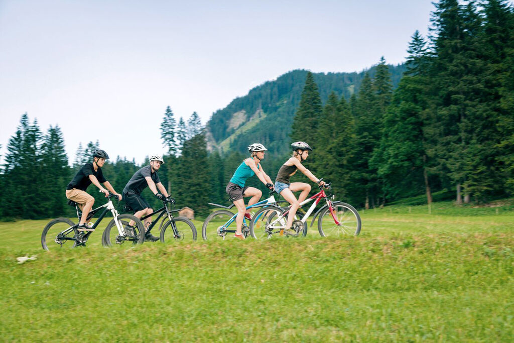 group of bikers riding front suspension bikes in the mountains